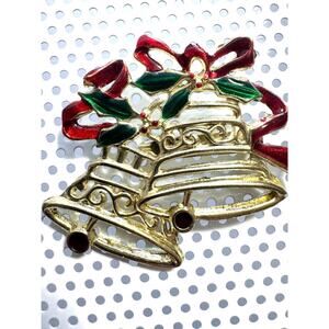 Vintage Festive Christmas Bells Brooch with Red & Green Accents Large